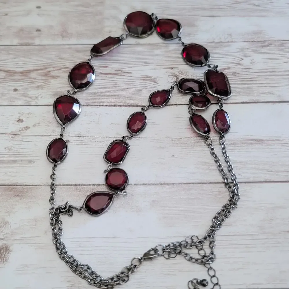 Vintage Necklace Dark Red and Dark Silver Tone / Grey Statement Necklace